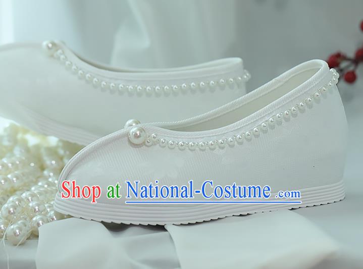 China Goddess Shoes Handmade Shoes White Satin Shoes Princess Shoes Hanfu Pearls Shoes