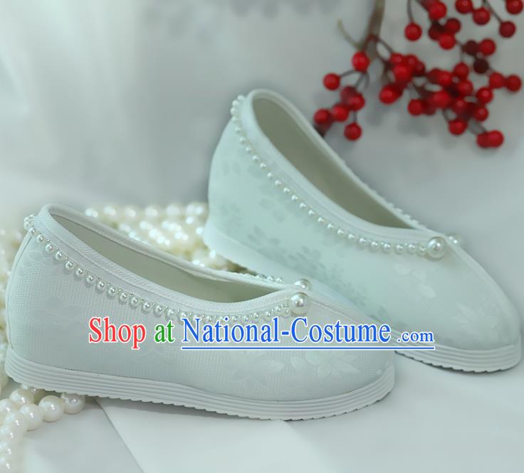 China Goddess Shoes Handmade Shoes White Satin Shoes Princess Shoes Hanfu Pearls Shoes