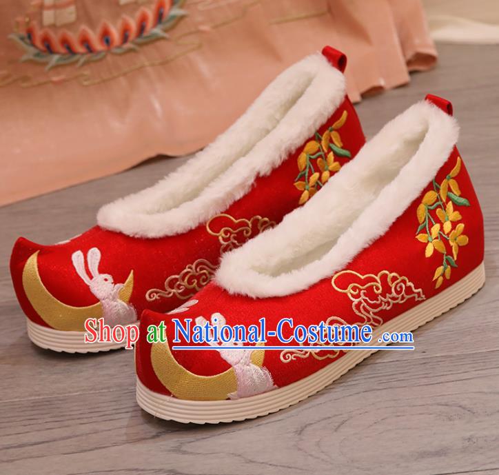 China Hanfu Shoes Embroidered Moon Fragrans Rabbit Shoes Princess Shoes Women Winter Shoes Handmade Red Shoes