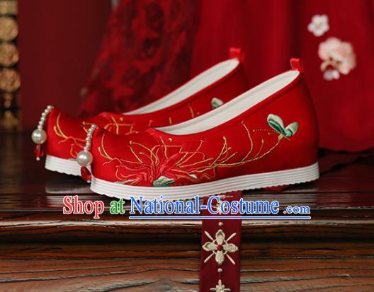 China Ming Dynasty Princess Shoes Hanfu Shoes Embroidered Red Spider Lily Shoes Handmade Red Cloth Shoes