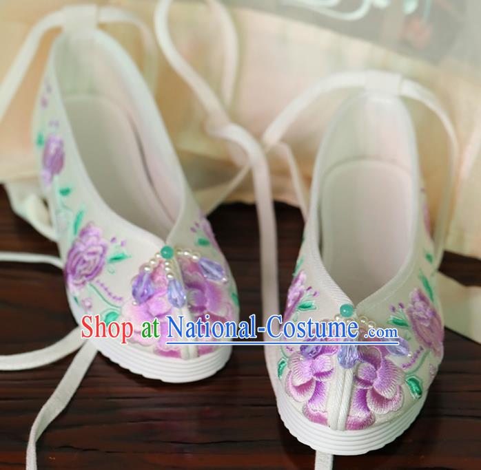 China Embroidered Purple Peony Shoes Hanfu Pearls Shoes Princess Shoes Handmade Beijing Cloth Shoes