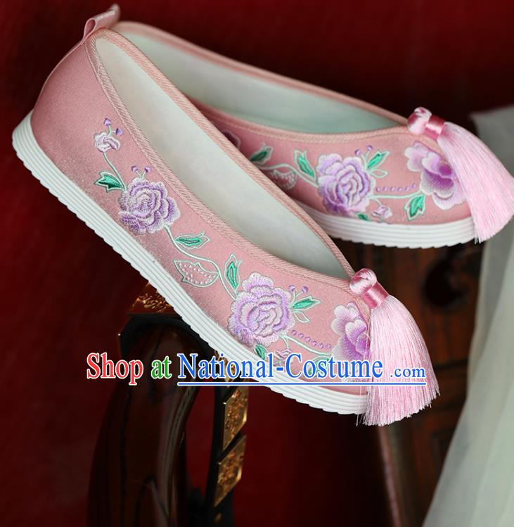 China Hanfu Pearls Shoes Princess Shoes Handmade Beijing Cloth Shoes Embroidered Peony Pink Shoes