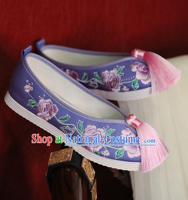 China Princess Shoes Handmade Beijing Cloth Shoes Embroidered Peony Purple Shoes Hanfu Pearls Shoes