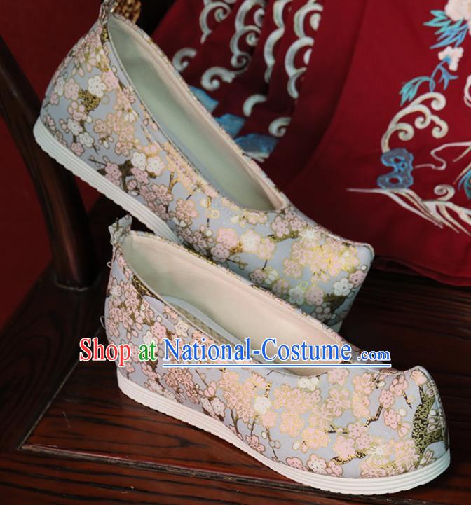 China Classical Plum Blossom Pattern Blue Brocade Shoes Hanfu Bow Shoes Princess Shoes Handmade Cloth Shoes