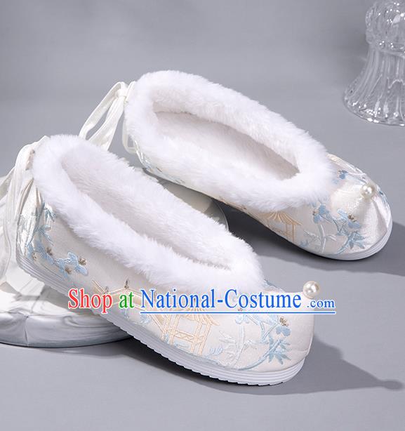 China Ancient Embroidered Bamboo Pavilion Bow Shoes Ming Dynasty Princess Shoes White Satin Shoes Handmade Winter Shoes Hanfu Pearl Shoes