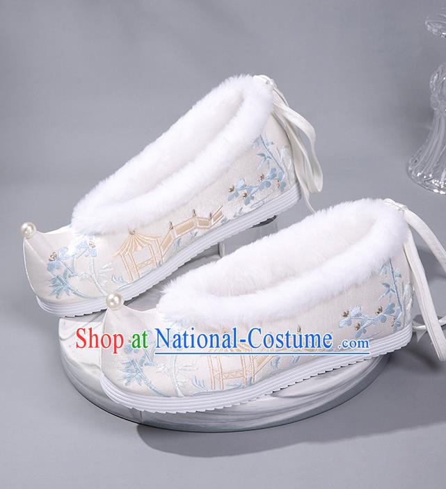 China Ancient Embroidered Bamboo Pavilion Bow Shoes Ming Dynasty Princess Shoes White Satin Shoes Handmade Winter Shoes Hanfu Pearl Shoes