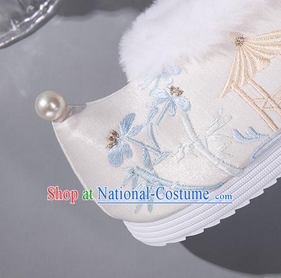 China Ancient Embroidered Bamboo Pavilion Bow Shoes Ming Dynasty Princess Shoes White Satin Shoes Handmade Winter Shoes Hanfu Pearl Shoes