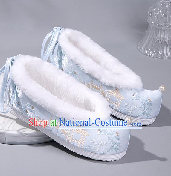 China Hanfu Pearl Shoes Ancient Embroidered Bamboo Pavilion Bow Shoes Ming Dynasty Princess Shoes Handmade Winter Shoes Blue Satin Shoes