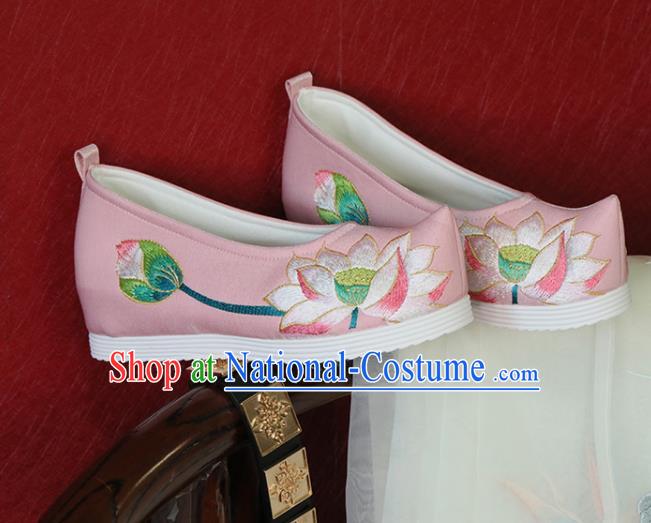 China Embroidered Lotus Shoes Handmade Pink Satin Shoes Song Dynasty Princess Shoes Hanfu Shoes