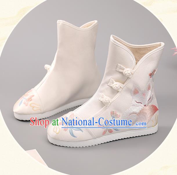 Chinese National Embroidered Fox Boots Ancient Hanfu Shoes Handmade White Cloth Boots