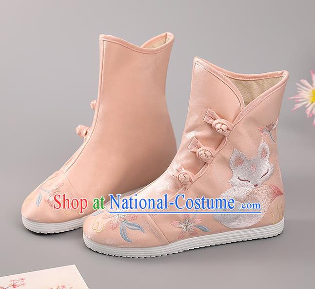 Chinese Ancient Hanfu Shoes Handmade Pink Cloth Boots National Embroidered Fox Boots