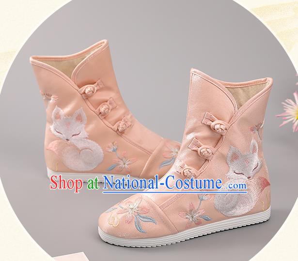 Chinese Ancient Hanfu Shoes Handmade Pink Cloth Boots National Embroidered Fox Boots