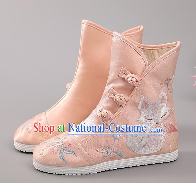 Chinese Ancient Hanfu Shoes Handmade Pink Cloth Boots National Embroidered Fox Boots