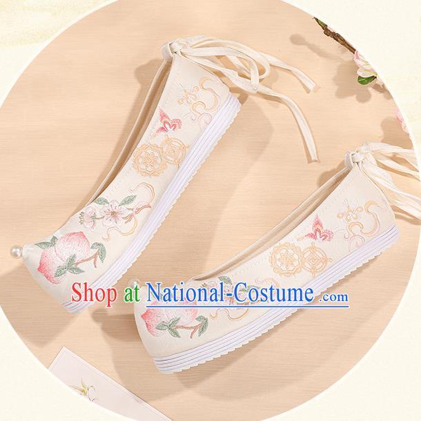 China White Bow Shoes Bride Shoes Hanfu Shoes Princess Shoes Embroidered Peach Shoes