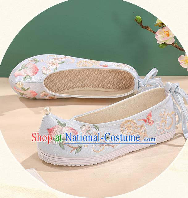 China Handmade Embroidered Peach Shoes Bride Shoes Hanfu Shoes Princess Shoes Light Blue Bow Shoes