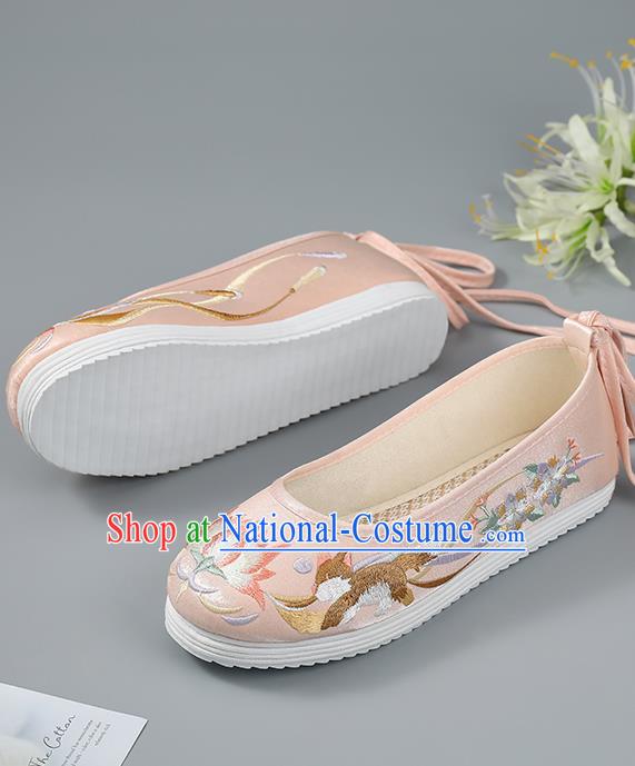 China Traditional Hanfu Shoes Ming Dynasty Princess Shoes Pink Cloth Shoes Embroidered Flowers Shoes