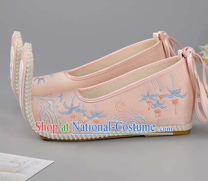 China Pink Cloth Shoes Han Dynasty Shoes Traditional Hanfu Shoes Princess Shoes Embroidered Lotus Shoes