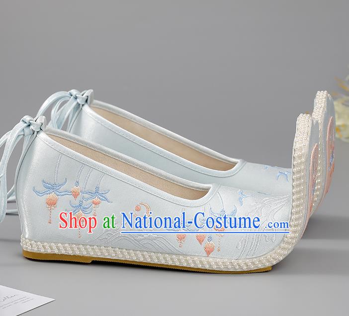 China Light Blue Embroidered Lotus Shoes Cloth Shoes Han Dynasty Shoes Traditional Hanfu Shoes Princess Shoes