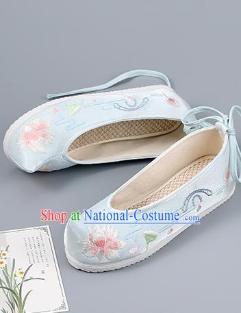 China Ming Dynasty Shoes Traditional Hanfu Shoes Princess Shoes Light Blue Cloth Shoes Embroidered Lotus Shoes