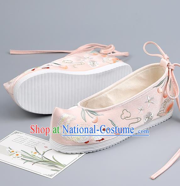 China Ancient Princess Pink Bow Shoes Traditional Hanfu Shoes Embroidered Squirrel Shoes Handmade Cloth Shoes