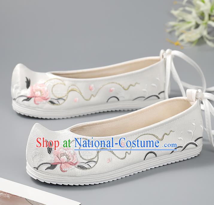 China Ancient Princess Embroidered Shoes White Bow Shoes Traditional Hanfu Shoes Handmade Cloth Shoes