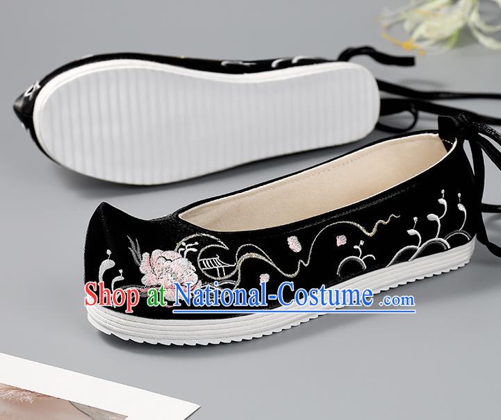 China Handmade Cloth Shoes Ancient Princess Bow Shoes Traditional Hanfu Shoes Black Embroidered Shoes