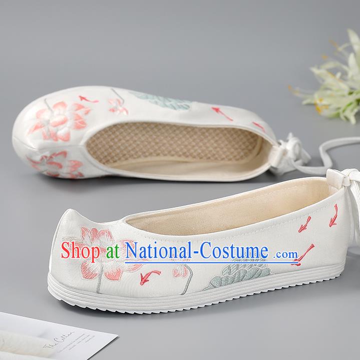 China Hanfu Shoes Handmade Cloth Shoes Ancient Princess Bow Shoes Traditional Embroidered Lotus Shoes