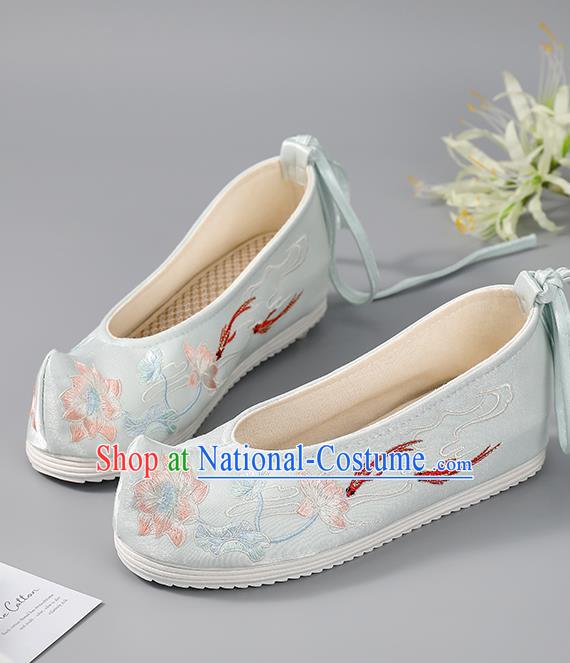 China Women Shoes Traditional Embroidered Lotus Fishes Shoes Hanfu Shoes Handmade Light Blue Cloth Shoes