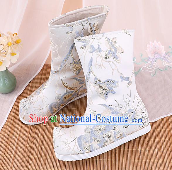 Chinese Ancient Ming Dynasty Hanfu Shoes Handmade Boots National White Brocade Boots