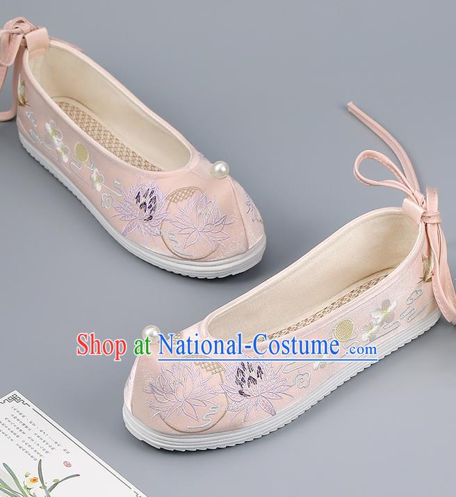 China Pink Hanfu Shoes Ming Dynasty Princess Shoes Embroidered Lotus Shoes Traditional Pearl Shoes