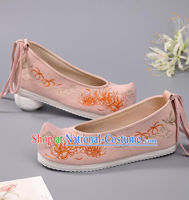 China Ancient Princess Shoes Embroidered Manjusaka Shoes Handmade Cloth Shoes Hanfu Pink Shoes