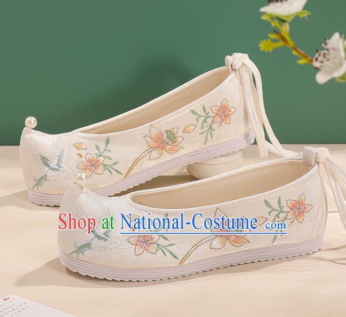 China Bow Shoes Handmade Princess Shoes Traditional Hanfu Cloth Shoes Embroidered Flower Bird Shoes