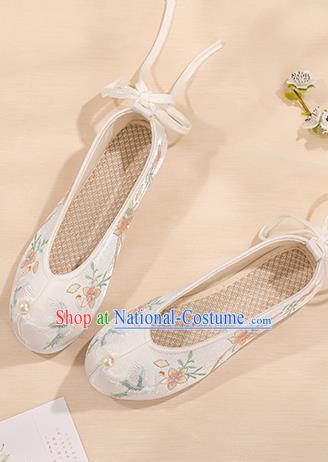 China Bow Shoes Handmade Princess Shoes Traditional Hanfu Cloth Shoes Embroidered Flower Bird Shoes