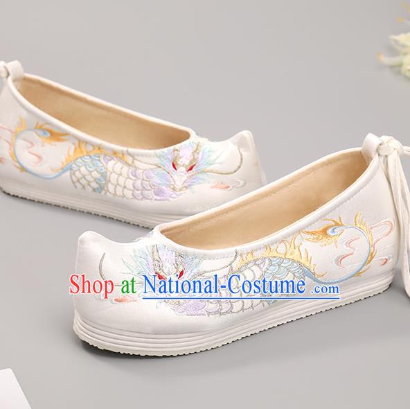 Handmade China Classical Dragon Pattern Embroidered Shoes Hanfu Shoes National Shoes Traditional White Cloth Shoes