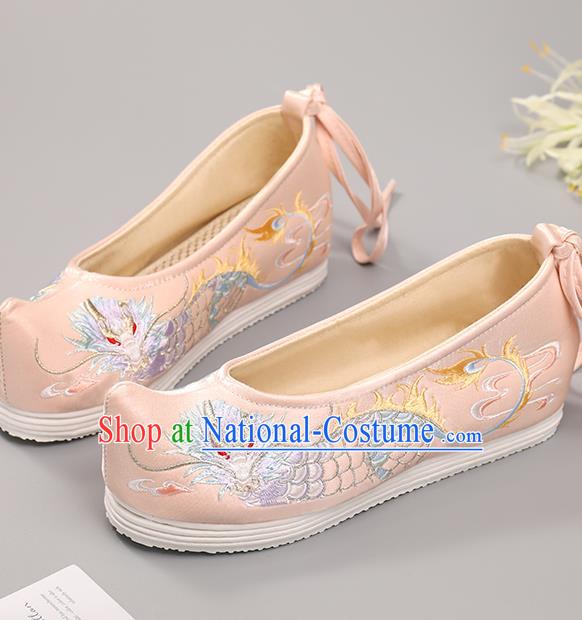 China Handmade Hanfu Shoes National Shoes Traditional Pink Cloth Shoes Classical Dragon Pattern Embroidered Shoes