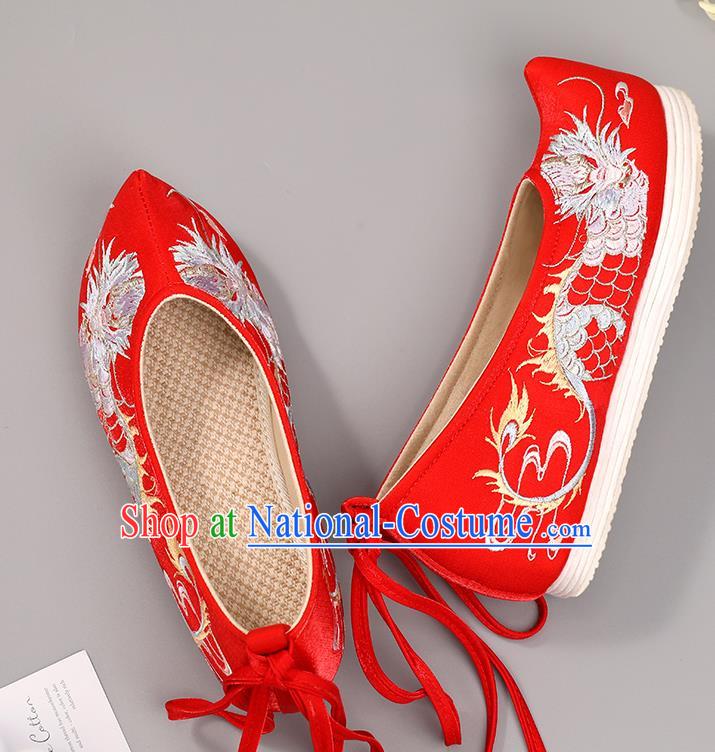 China Red Embroidered Shoes Handmade National Shoes Traditional Cloth Shoes Classical Dragon Pattern Hanfu Shoes