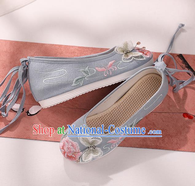 Top National Blue Shoes China Handmade Embroidered Butterfly Peony Shoes Traditional Cloth Shoes Hanfu Shoes