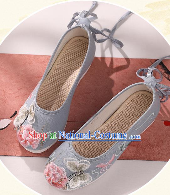 Top National Blue Shoes China Handmade Embroidered Butterfly Peony Shoes Traditional Cloth Shoes Hanfu Shoes