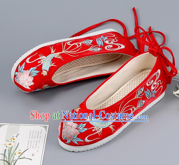 Traditional China Bride Shoes Handmade Hanfu Shoes Red Cloth Shoes National Shoes Embroidered Shoes Wedding Shoes