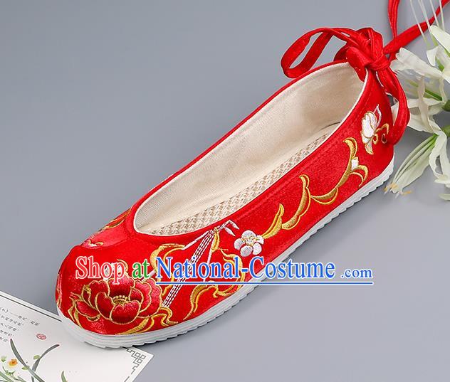 Traditional China Wedding Shoes Handmade Shoes National Shoes Red Cloth Shoes Embroidered Peony Shoes Bride Shoes