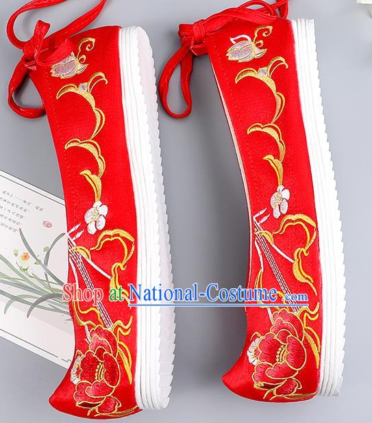 Traditional China Wedding Shoes Handmade Shoes National Shoes Red Cloth Shoes Embroidered Peony Shoes Bride Shoes