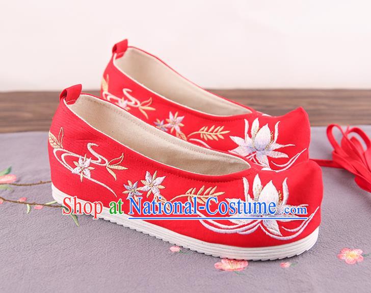 Traditional China Handmade Shoes National Shoes Red Cloth Shoes Embroidered Lotus Shoes Bride Shoes Wedding Shoes