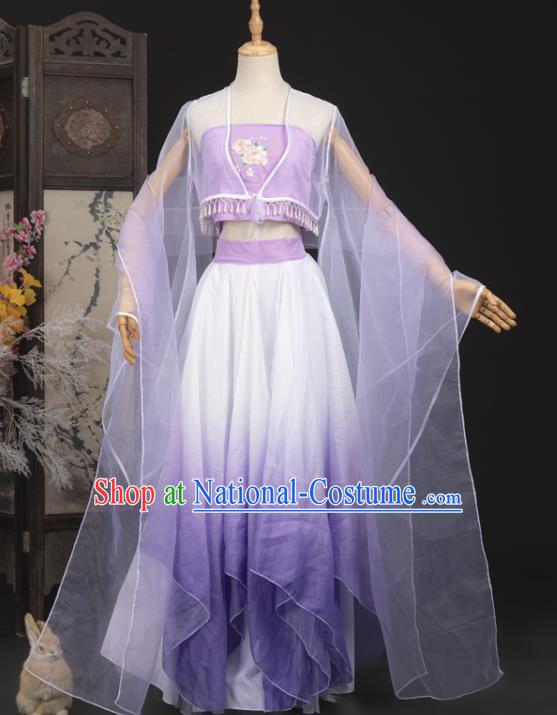 Ancient Dunhuang Apsaras Top and Skirt Chinese Cosplay Fairy Purple Hanfu Dress Complete Set