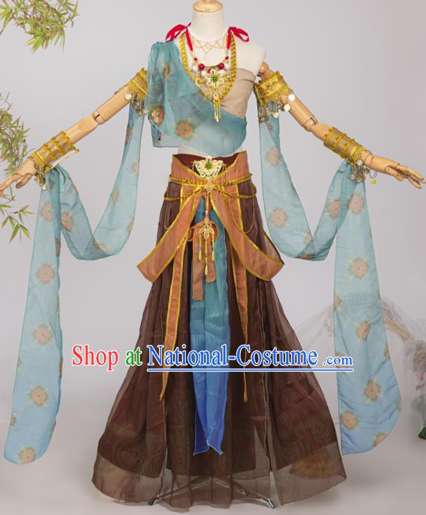 Chinese Cosplay Dunhuang Apsaras Brown Top and Skirt Ancient Fairy Hanfu Dress for Women