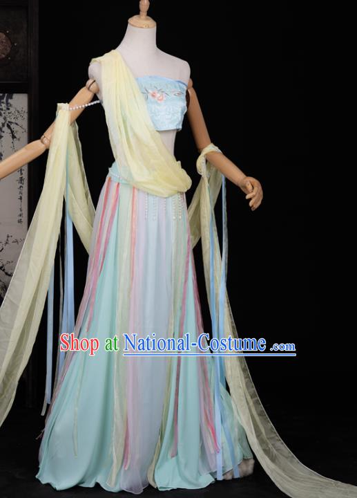 Chinese Cosplay Classical Dance Costumes Ancient Dunhuang Flying Apsaras Blue Hanfu Dress Top and Skirt for Women