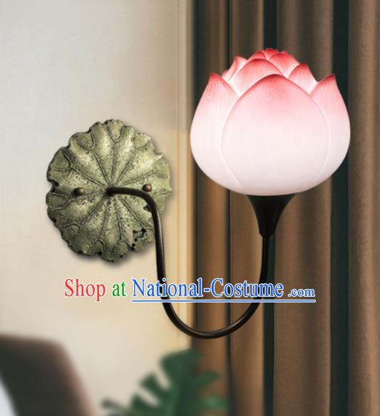 Chinese Classical Lanterns Iron Art Bedside Lamp Traditional Lantern Handmade Pink Lotus Wall Lamp