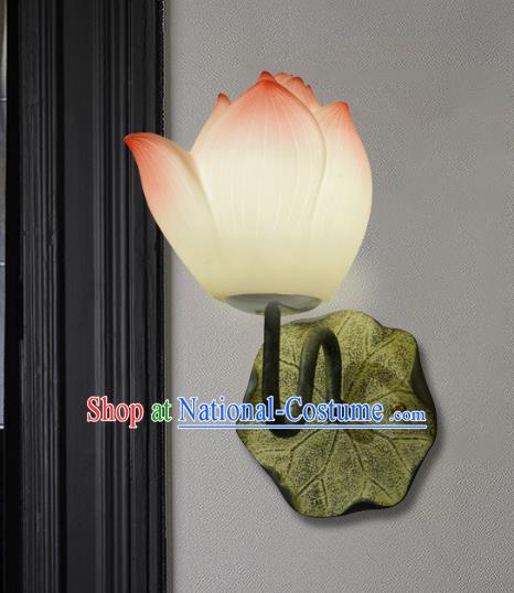 Chinese Traditional Lantern Handmade Painted Wall Lamp Classical Pink Lotus Lanterns Iron Art Bedside Lamp