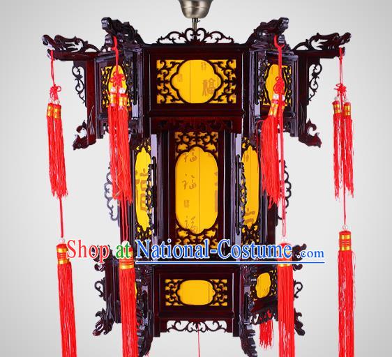 Chinese Classical Wood Lanterns New Year Yellow Lantern Traditional Hanging Lamp Handmade Hexagon Palace Lantern