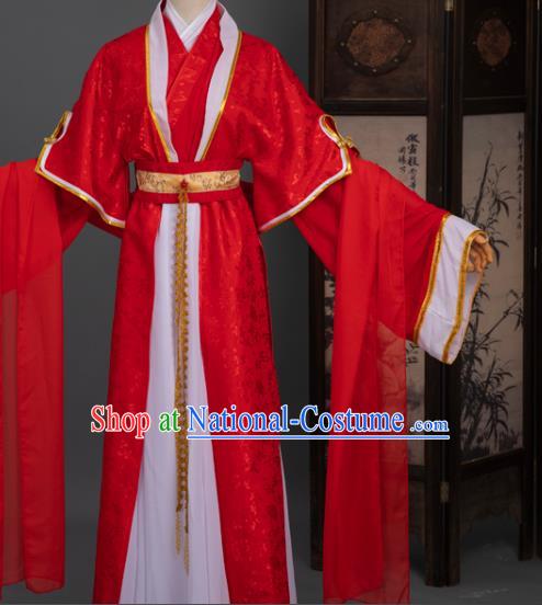 Chinese Cosplay Bride Wedding Costumes Ancient Ming Dynasty Swordswoman Red Hanfu Apparels Complete Set