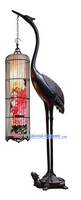 China Handmade Painting Peony Birdcage Lantern Traditional Home Decorations Iron Art Crane Floor Lamp